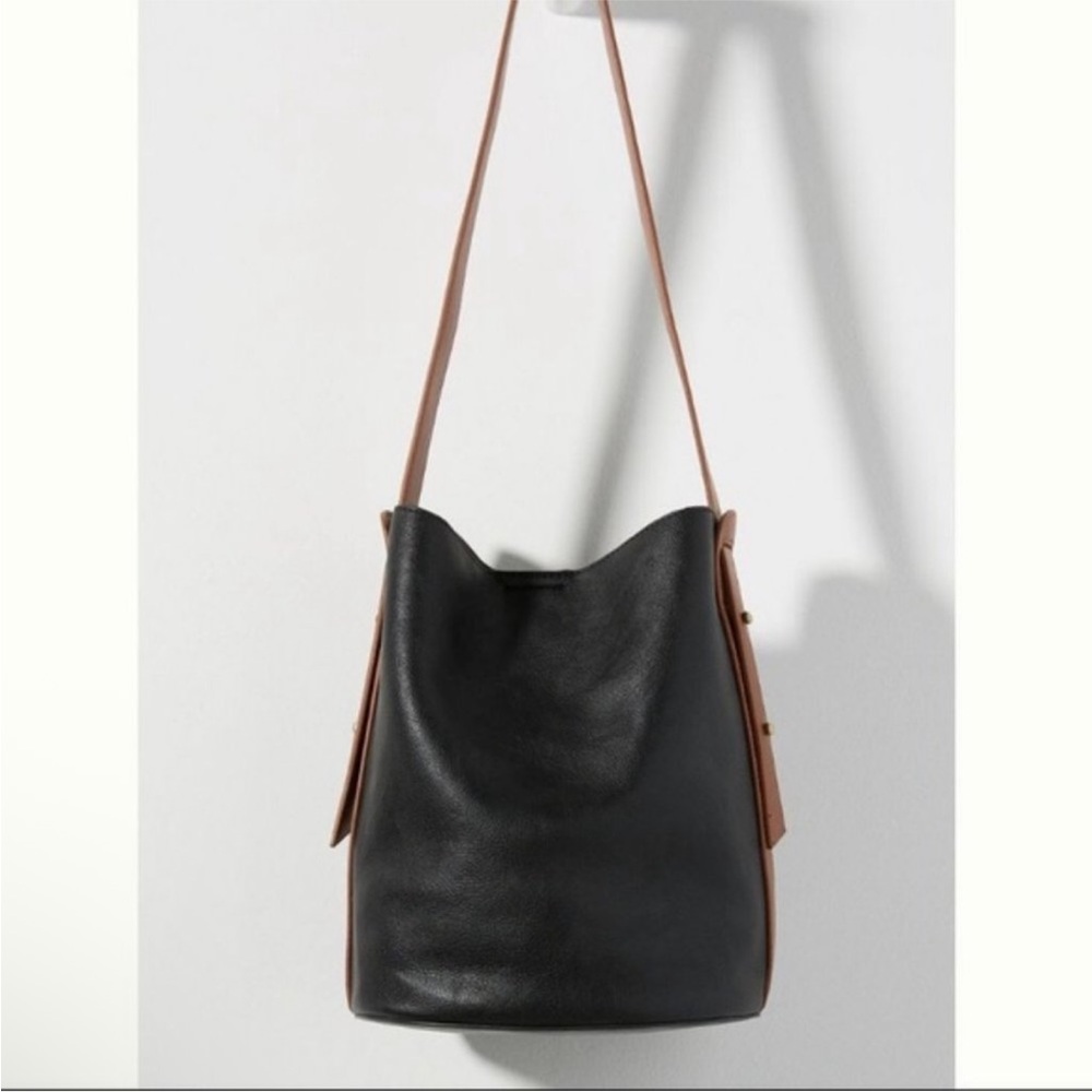 Anthropologie Georgia Bucket Bag With Pouch Black Vegan Leather Magnetic Snap